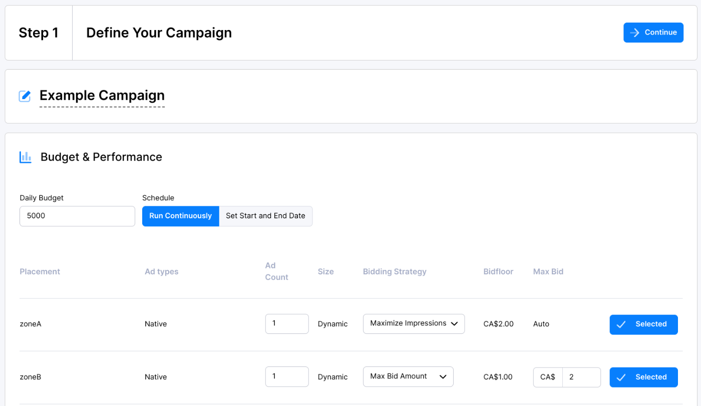 AdButler Self-Serve portal, Step 1 Define Your Campaign: a daily budget field, a schedule toggle, and a table of placements with ad type, size, bidding strategy, bidfloor and max bid for each