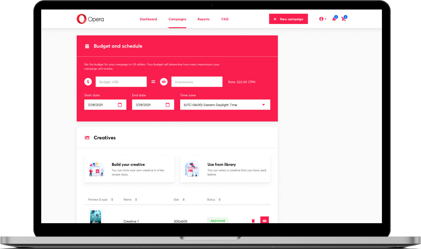 Opera Ad Manager, built by DanAds: a budget and schedule panel converting a dollar budget into impressions at a fixed CPM, above a creatives panel with an approved banner