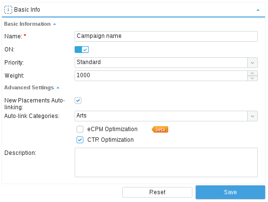 The Epom campaign creation panel, showing name, an on toggle, priority, weight, auto-link categories, and eCPM and CTR optimisation checkboxes