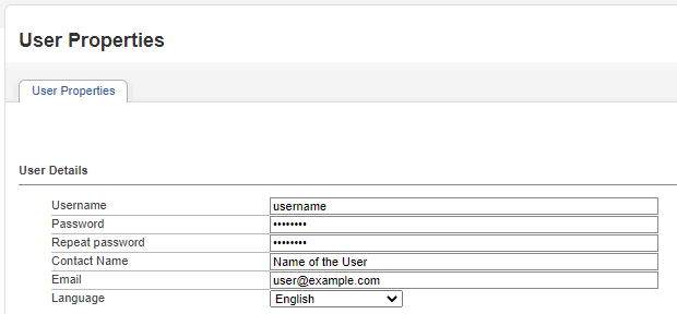 The Revive Adserver User Properties form, where a publisher types a username, password, contact name and email to create an advertiser login