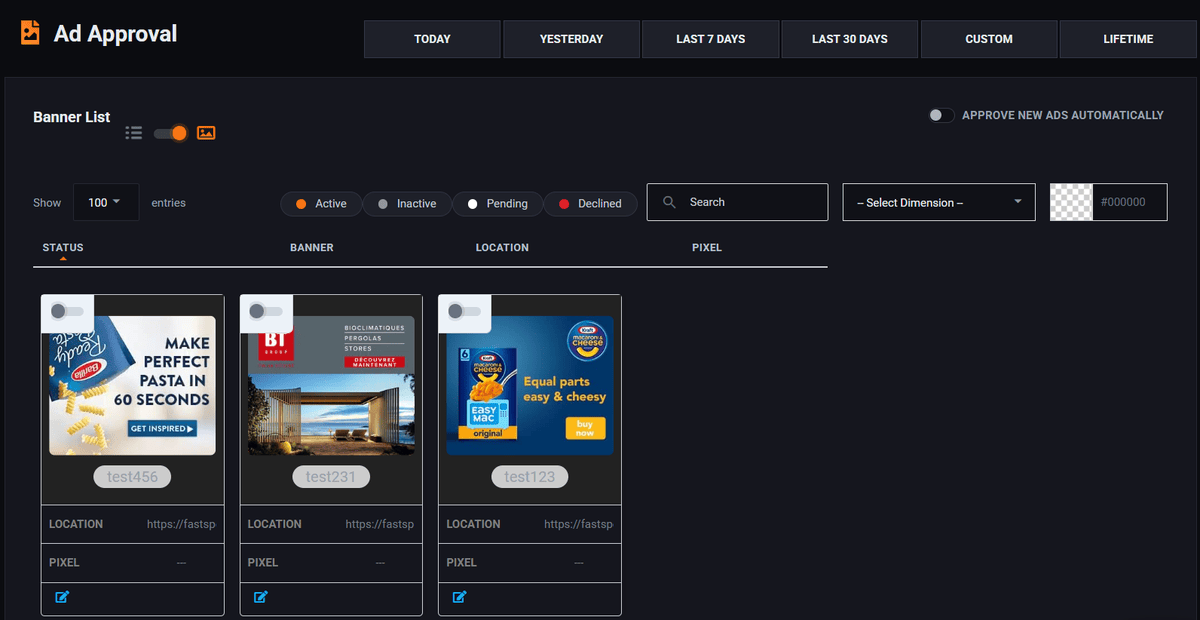 The Pyrobid ad approval screen, with status filters and three submitted banners waiting in the queue
