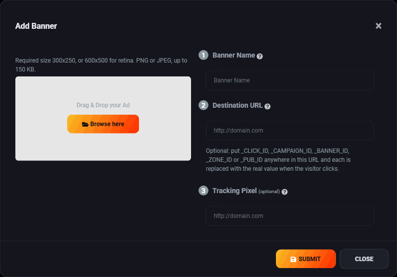 The Add Banner dialog: a drag and drop area, a banner name field and a destination URL field