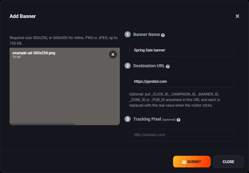 The same dialog with an image uploaded, a banner name and a destination URL filled in