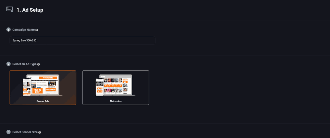 Step one of the Pyrobid campaign builder: a campaign name field, a choice between banner and native ads, and the banner size picker