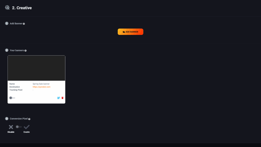 Step two after adding a banner, showing the artwork and its destination