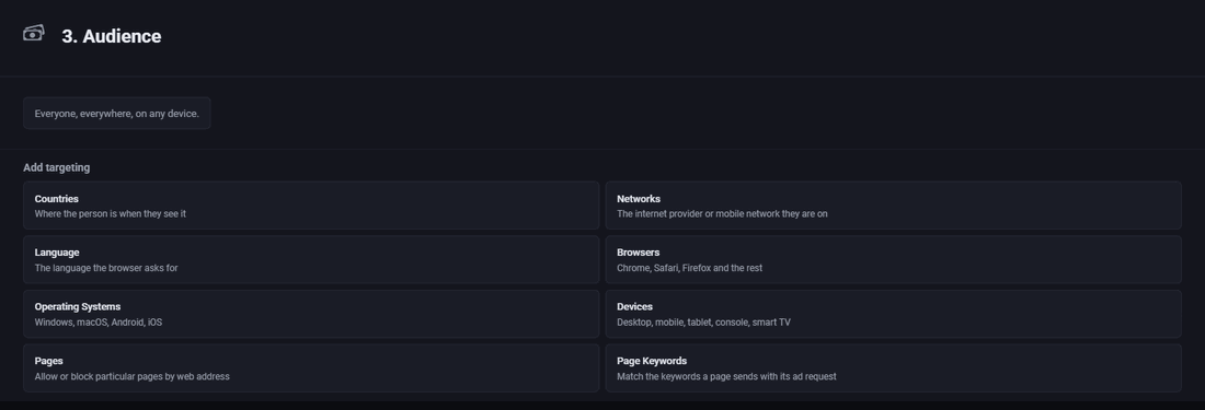 The targeting step of the Pyrobid campaign builder, with panels for country, language, device, browser and operating system