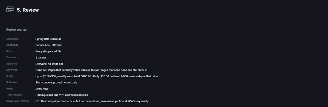 Step five: a summary of every choice made, with a submit button