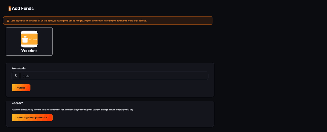 The Pyrobid Add Funds screen, showing the voucher box and the note telling an advertiser to contact the publisher