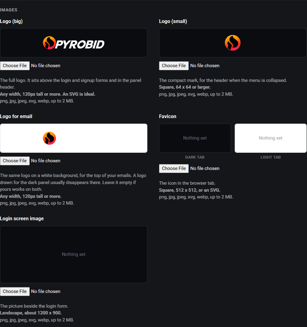 The Images section, with upload boxes for the big logo, small logo, email logo, favicon and login screen image