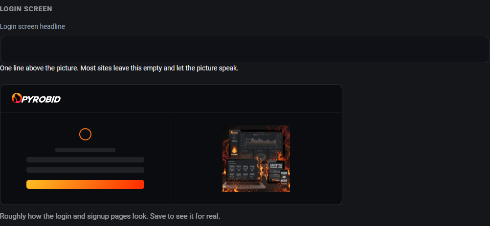 The Pyrobid branding screen, with a headline field and a live preview of the advertiser login page underneath