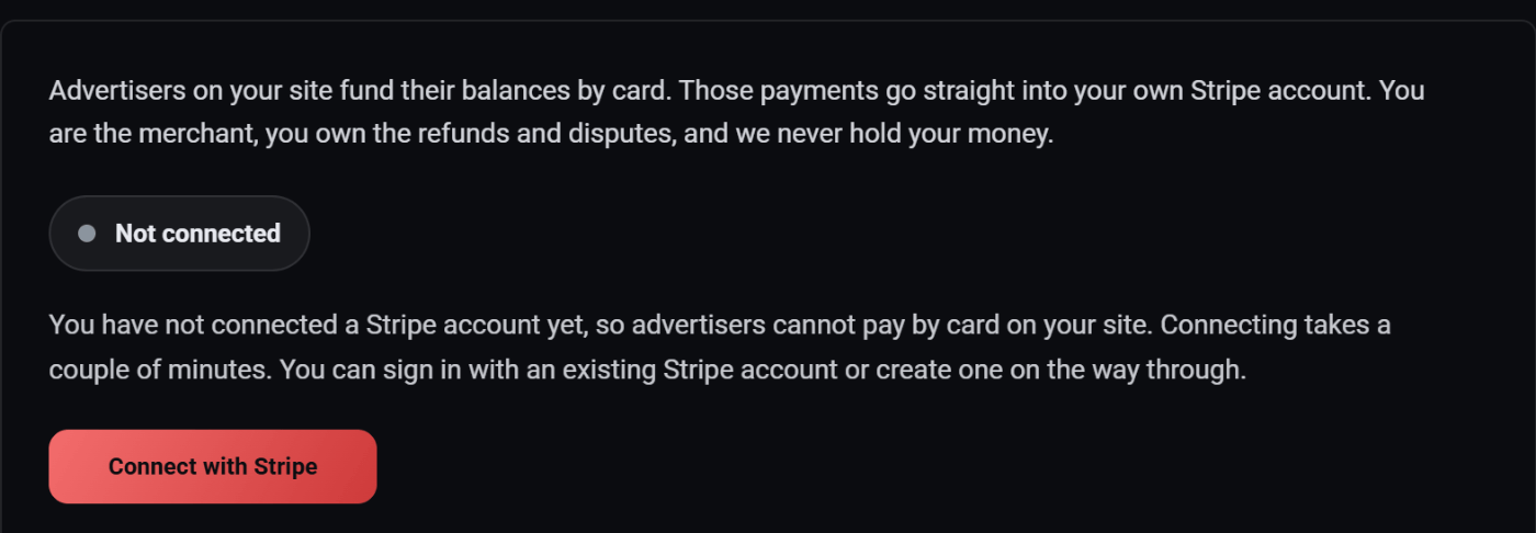 The Payments page before Stripe is connected: the Not connected badge and the Connect with Stripe button