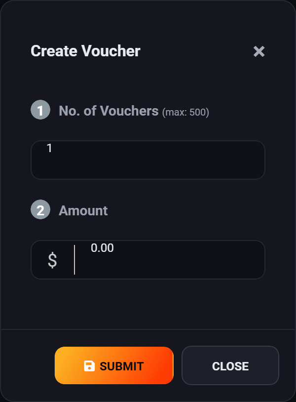 The Create Voucher dialog with number of vouchers and amount fields