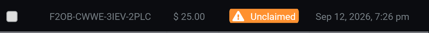 A single voucher row showing the code, the amount, an unclaimed badge and the created date