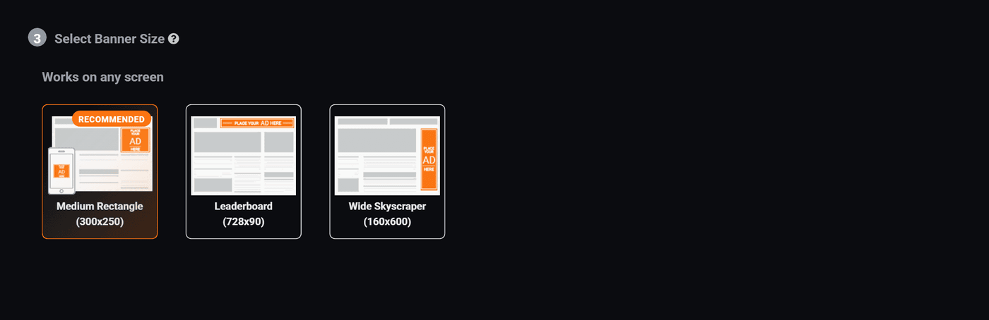 The banner size step showing the sizes available, with one marked recommended