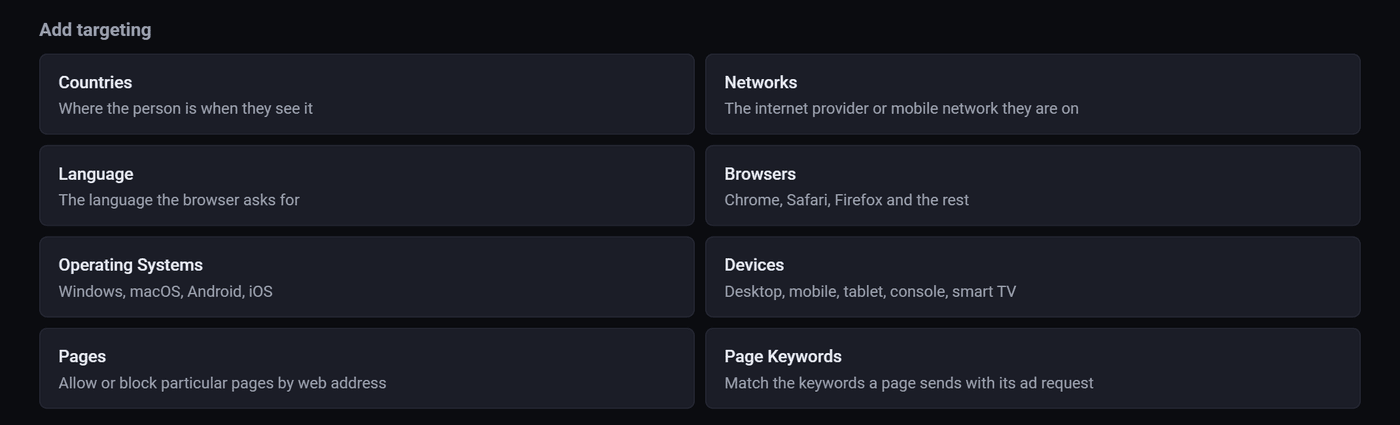 The Pyrobid add targeting picker, listing countries, networks, language, browsers, operating systems and devices