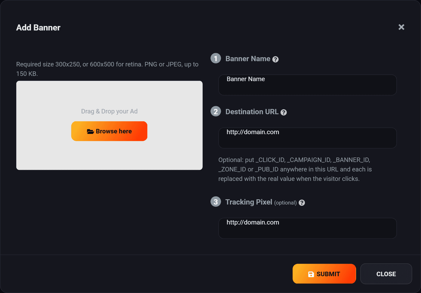 The Add Banner dialog with its size and file requirements written across the top