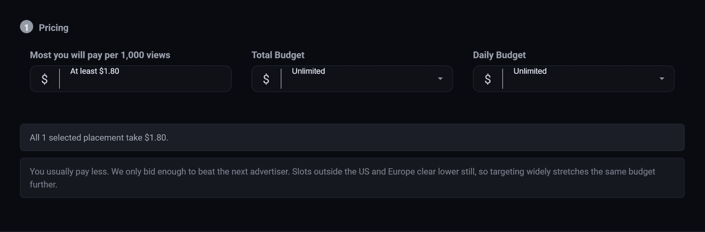 The Pricing row: a CPM field, a total budget dropdown, a daily budget dropdown and a delivery switch