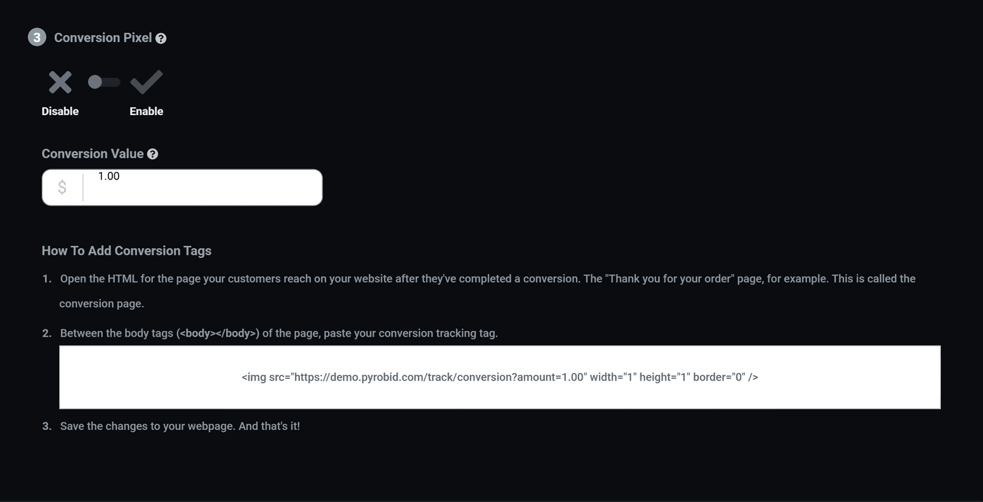 The Conversion Pixel row switched to Enable, showing a conversion value field and the instructions below