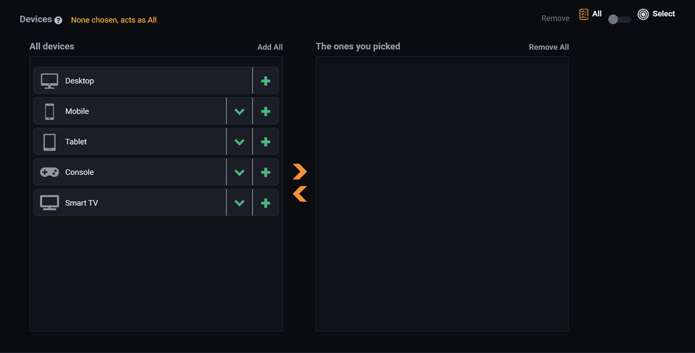 The Devices panel: a list of everything available on the left, an empty chosen list on the right, arrows between them