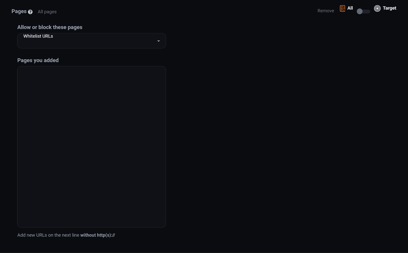 The Pages panel, allowing particular page addresses to be allowed or blocked