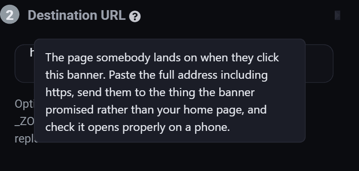The destination URL field with its help bubble open, explaining the full address and the available placeholders