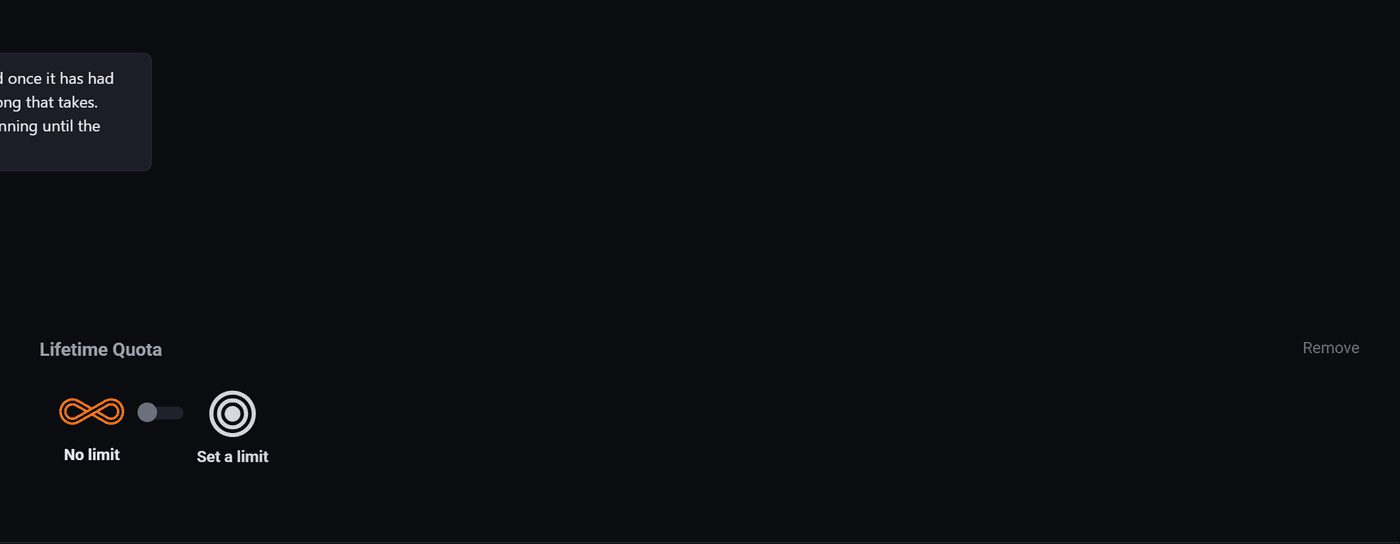 The Lifetime Quota row with its help bubble open, showing a number field and a choice between counting clicks or views
