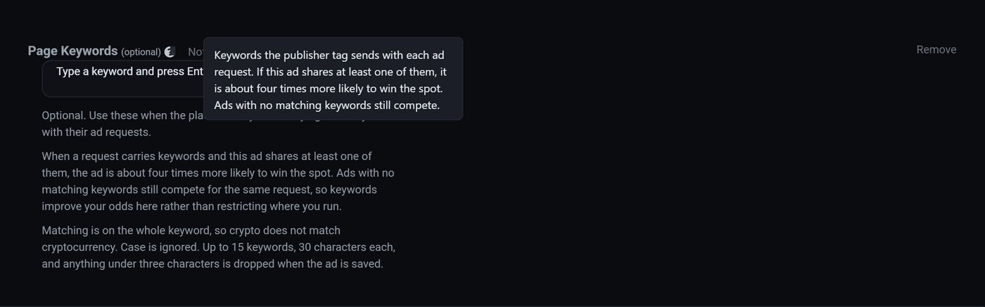 The Page Keywords row with its help bubble open, explaining that the publisher tag sends keywords with each ad request