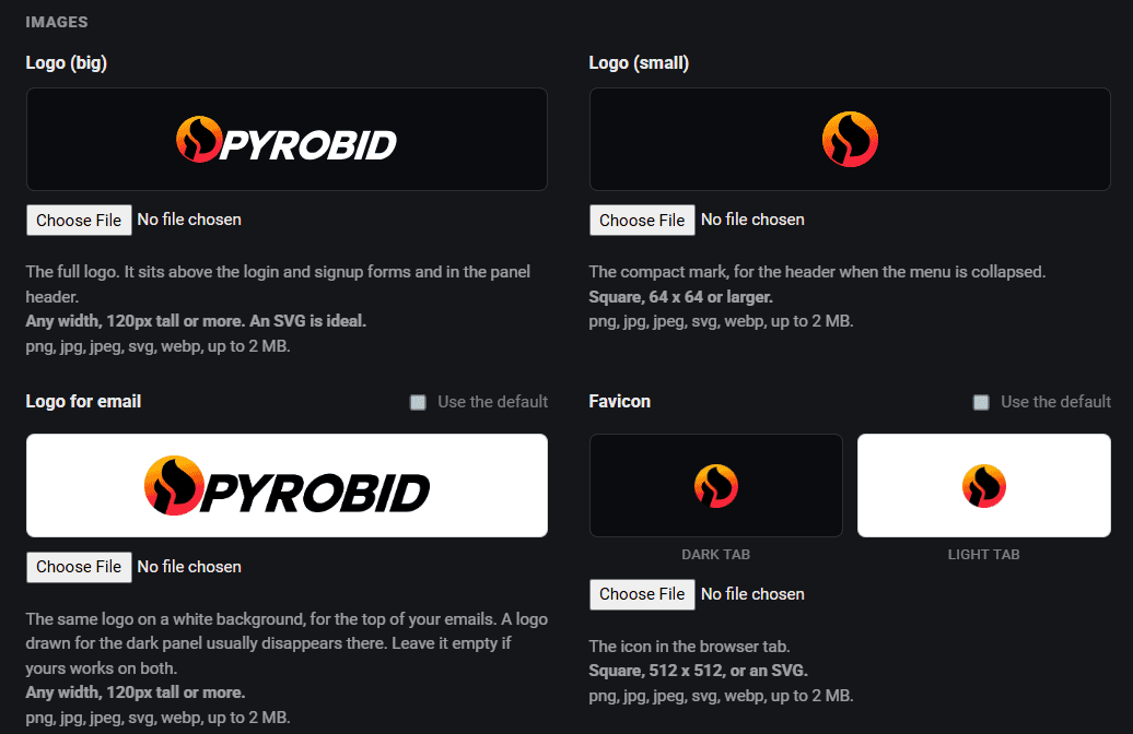 The Pyrobid branding screen where a publisher uploads their own logo and favicon for their portal