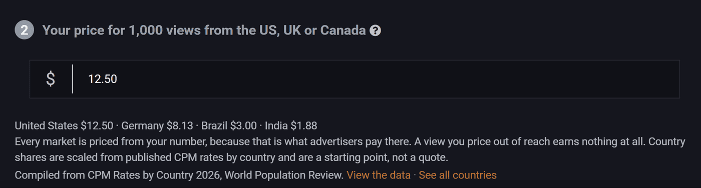 The Pyrobid floor price field, where a publisher types the price for a thousand views and every market is scaled from it