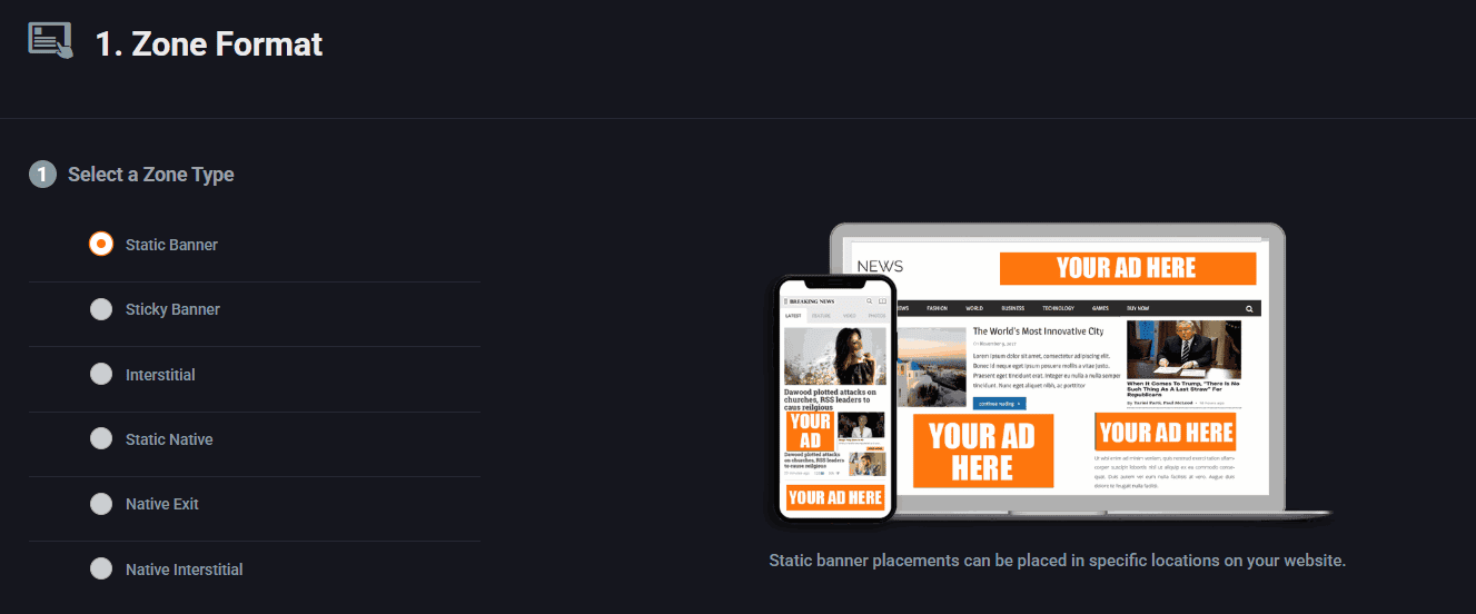 Choosing an ad slot type in Pyrobid: static banner, sticky banner, interstitial and three native formats