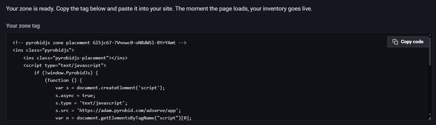 The Pyrobid zone tag screen with the code and a copy button