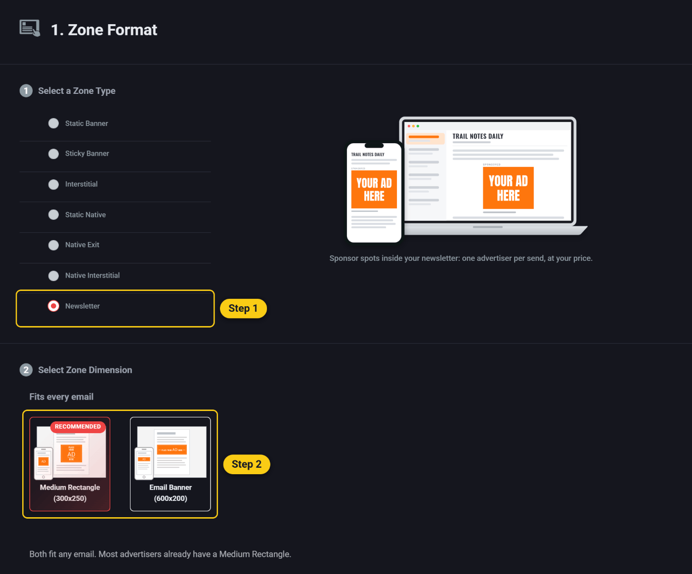 Step one of the Pyrobid zone form with Newsletter picked from the zone types, and its two sizes: Medium Rectangle 300x250 and Email Banner 600x200