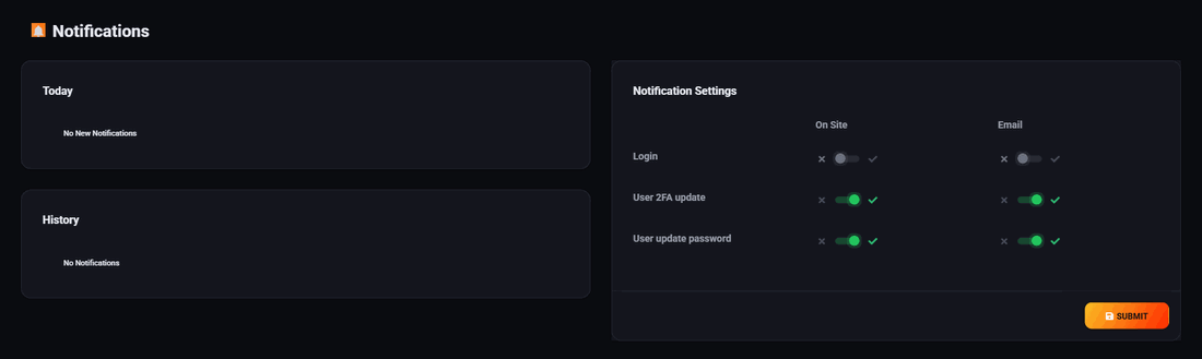 The Notifications screen, with an empty Today panel and an empty History panel on the left and the notification settings on the right