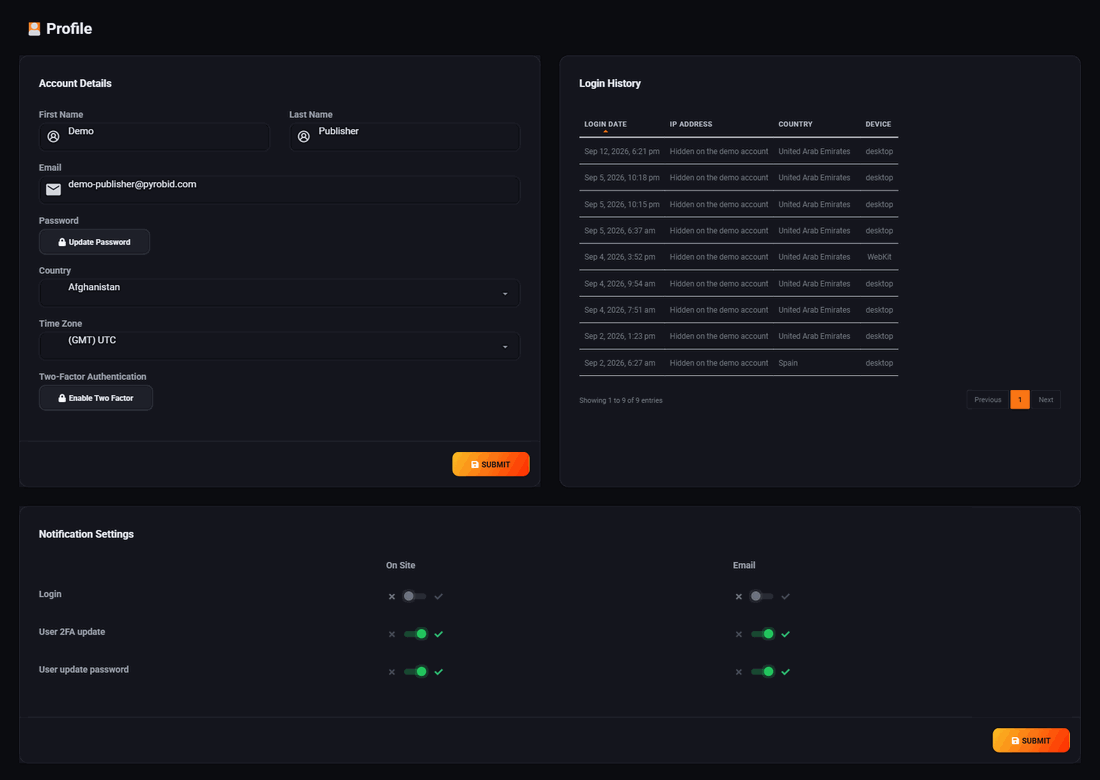 The Profile screen: account details on the left, login history on the right, and notification settings along the bottom