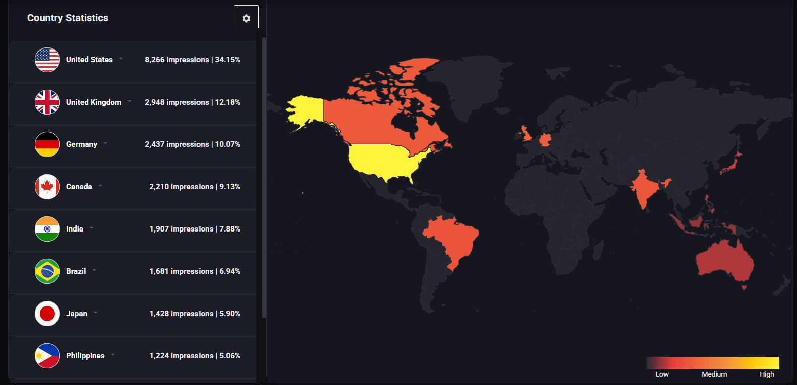 The world map card showing where impressions came from