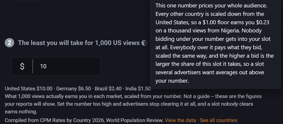 The floor price help bubble, explaining that every other country is scaled down from the United States, that nobody bidding under the number gets into the slot, and that a slot several advertisers want averages out above it