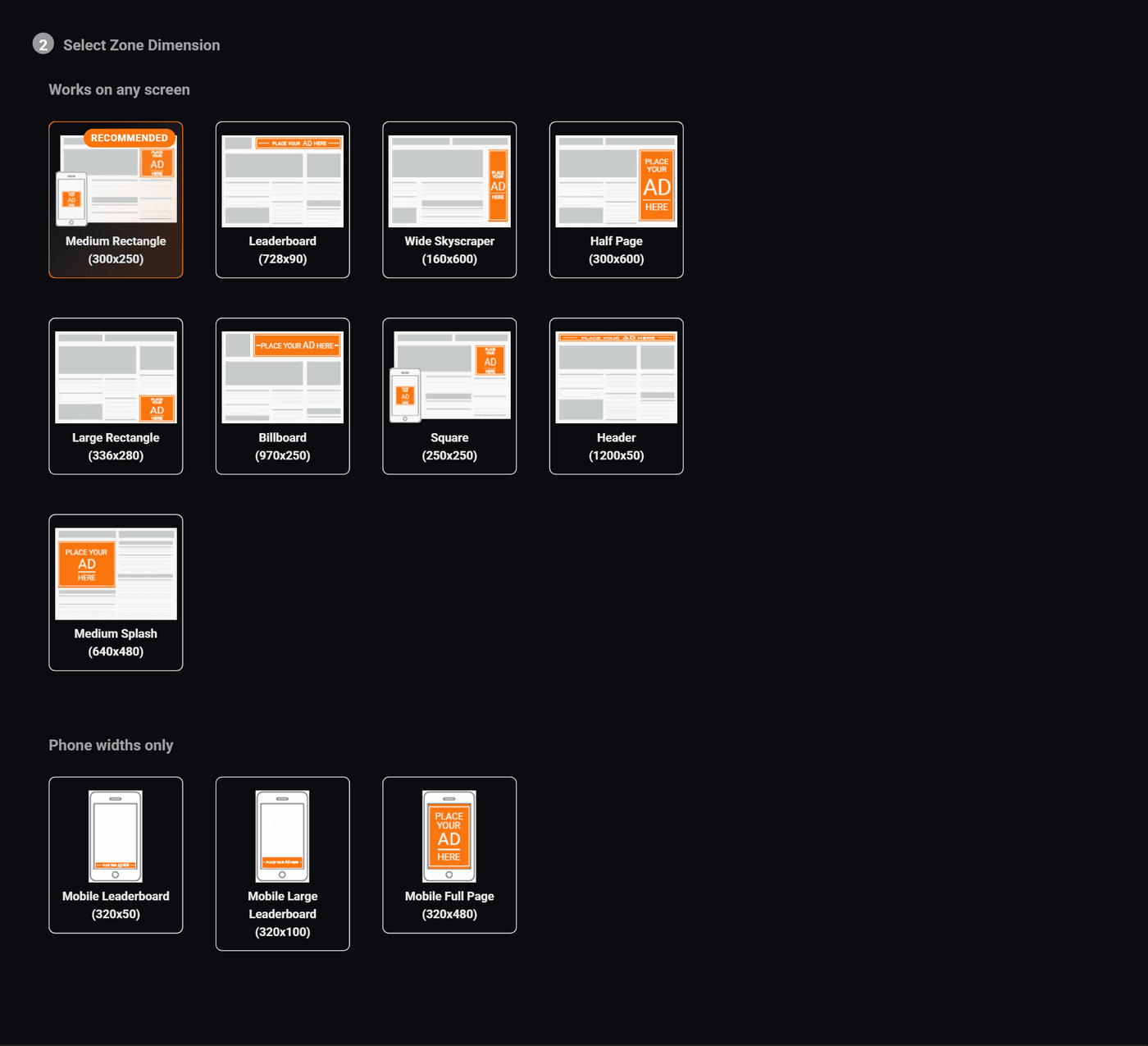The zone dimension picker, showing nine sizes that work on any screen and three phone only sizes