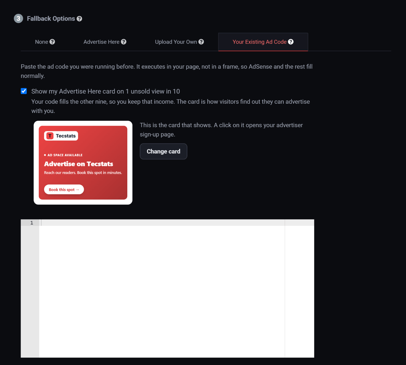 The Your Existing Ad Code tab of a Pyrobid zone, with a text area for pasting the ad code you already run