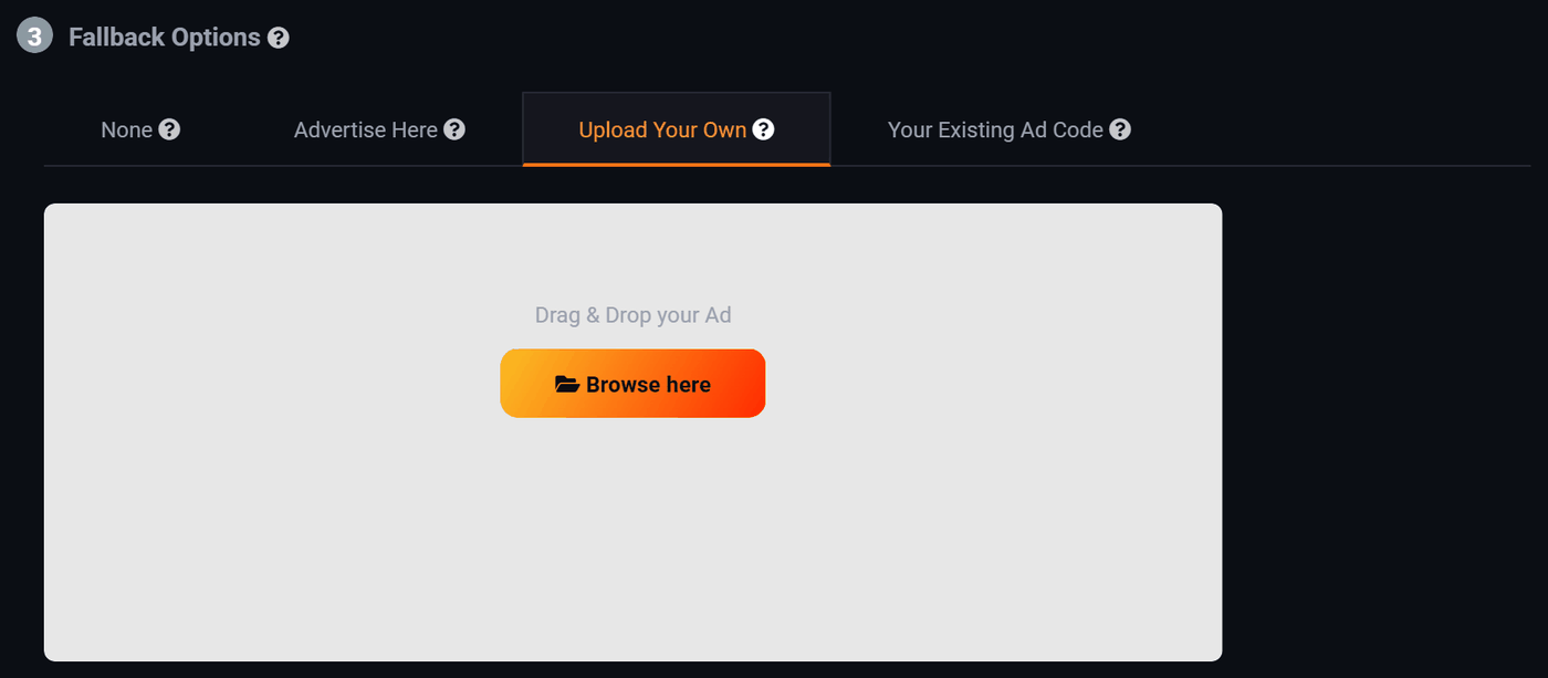 The Upload Your Own tab selected, showing the file drop area sized to the zone