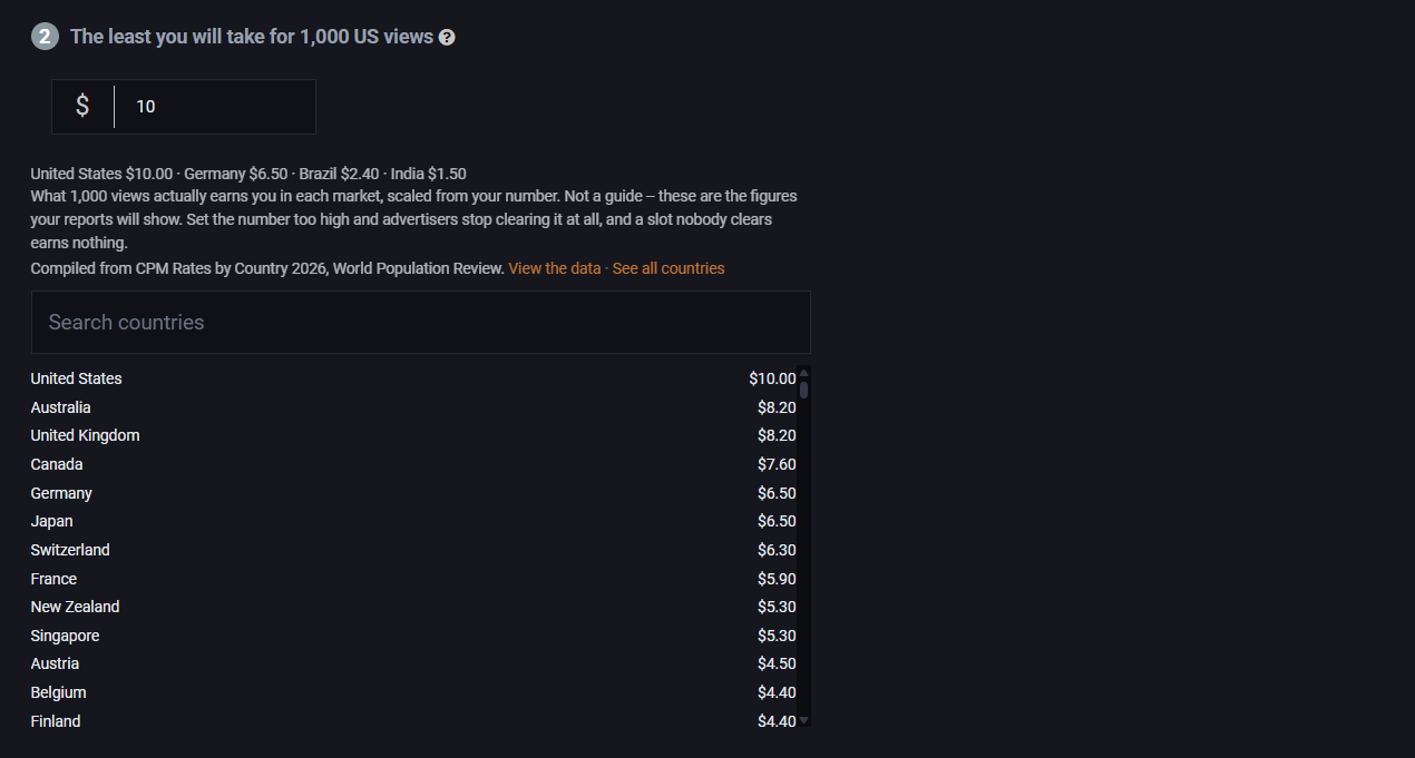 The list of country prices that appears under the floor price field once a number is typed in