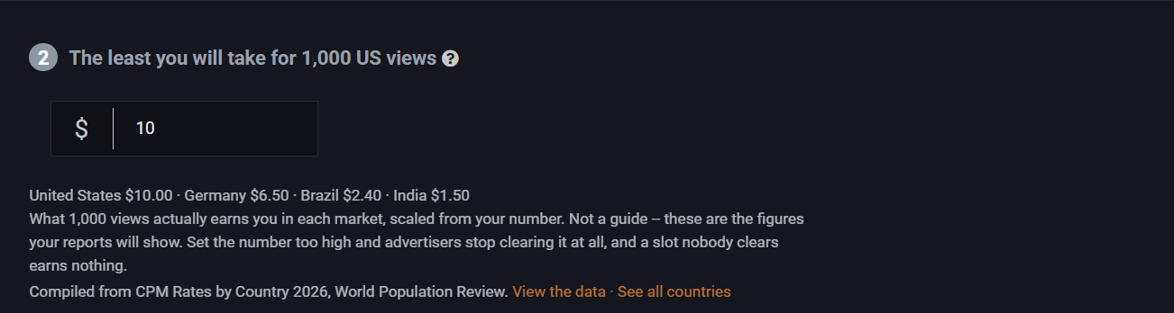 The Pyrobid floor price field, labelled as the least the publisher will take for a thousand US views