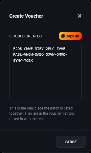 The dialog listing the codes just created, with a copy all button