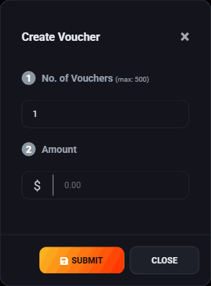 The Create Voucher dialog asking how many vouchers and for how much