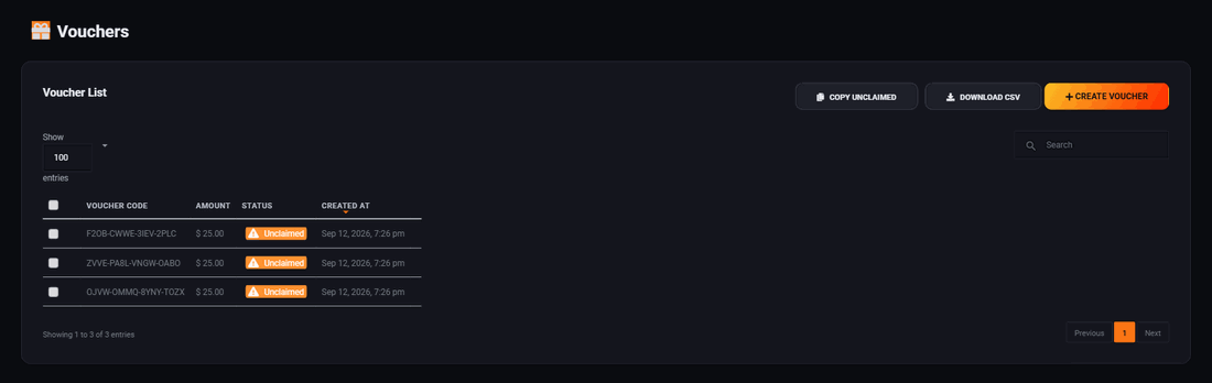 The Vouchers screen with the list of codes, their amounts and whether they have been claimed