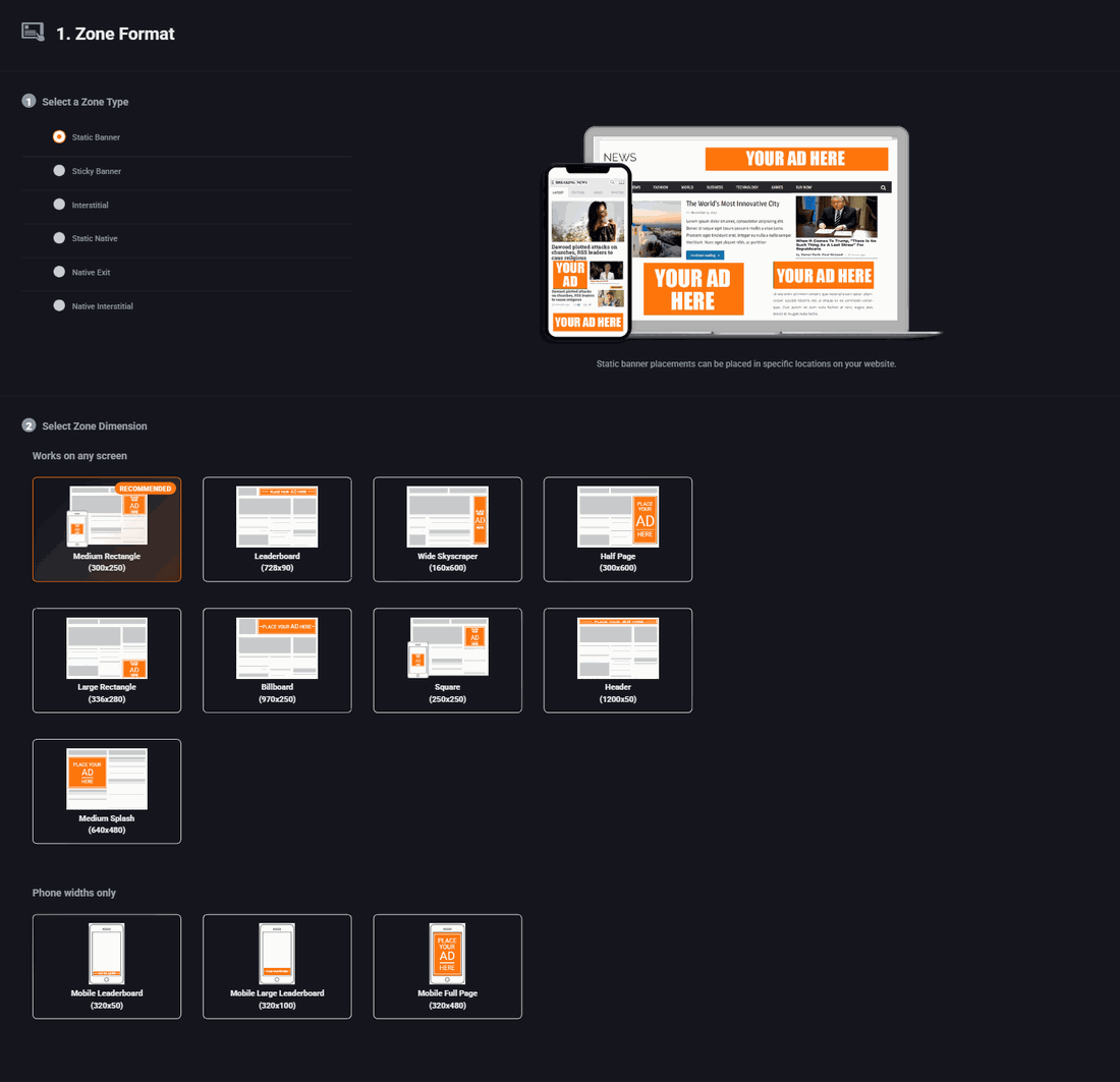 Step one of the Pyrobid zone form: the zone types down the left and a preview of the selected one on the right