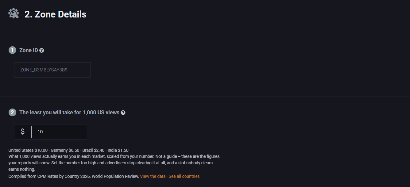 Step two of the zone form: the name field, the floor labelled the least you will take for 1,000 US views, and the country prices listed underneath it