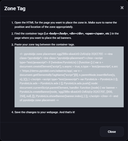 The Zone Tag window, with three numbered instructions and the code below them